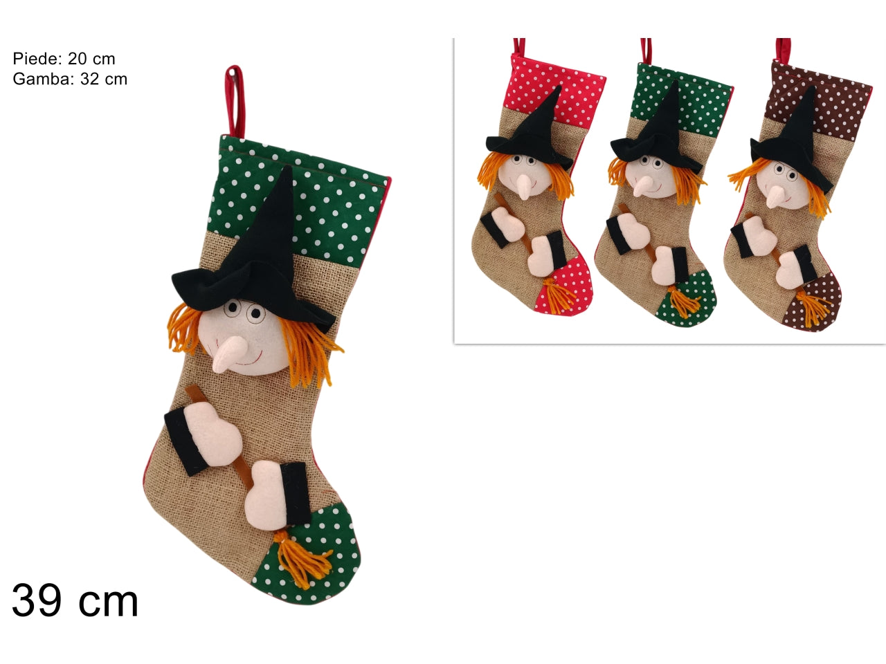 Calza della befana con viso e mani in tessuto effetto juta 39cm, 3 modelli assortiti
