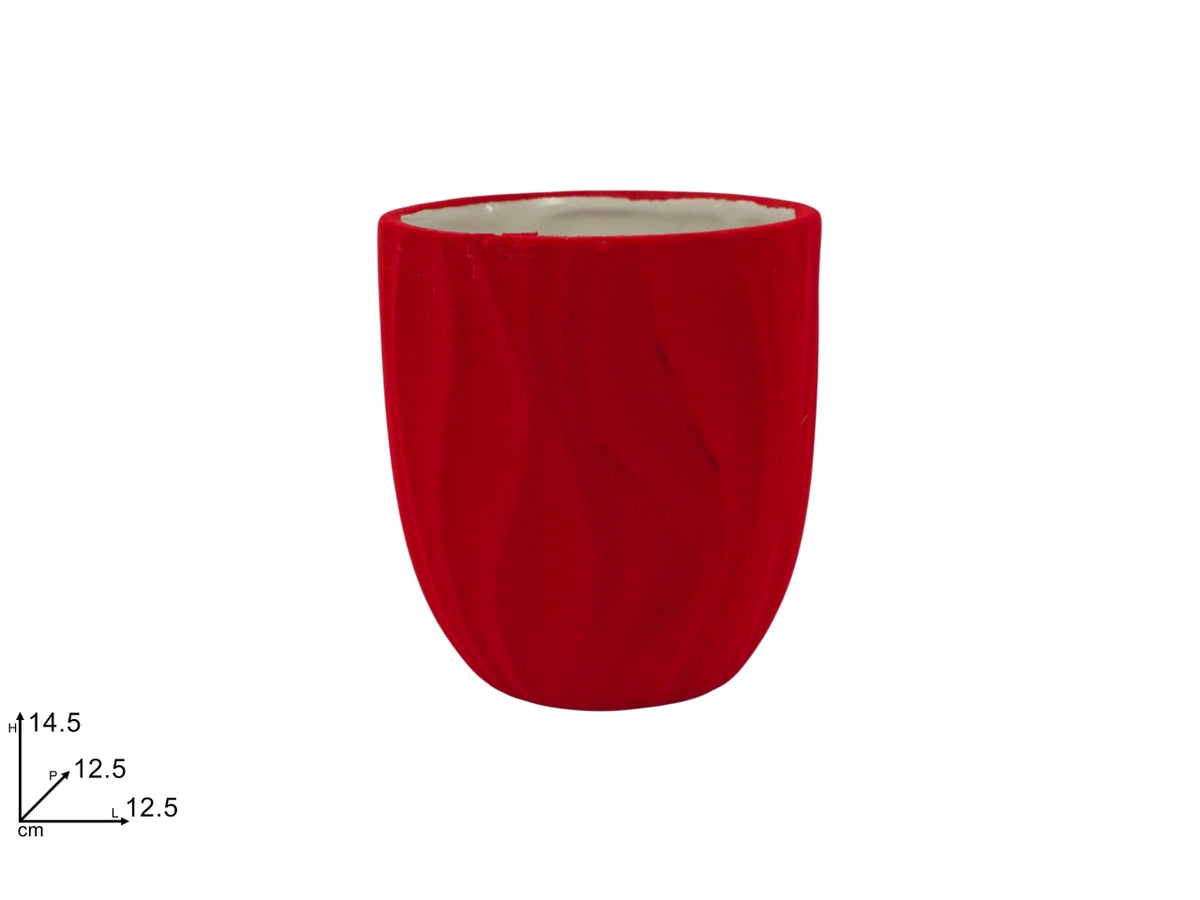 Vaso ondulato in ceramica 12,5xh14,5cm con effetto floccato rosso