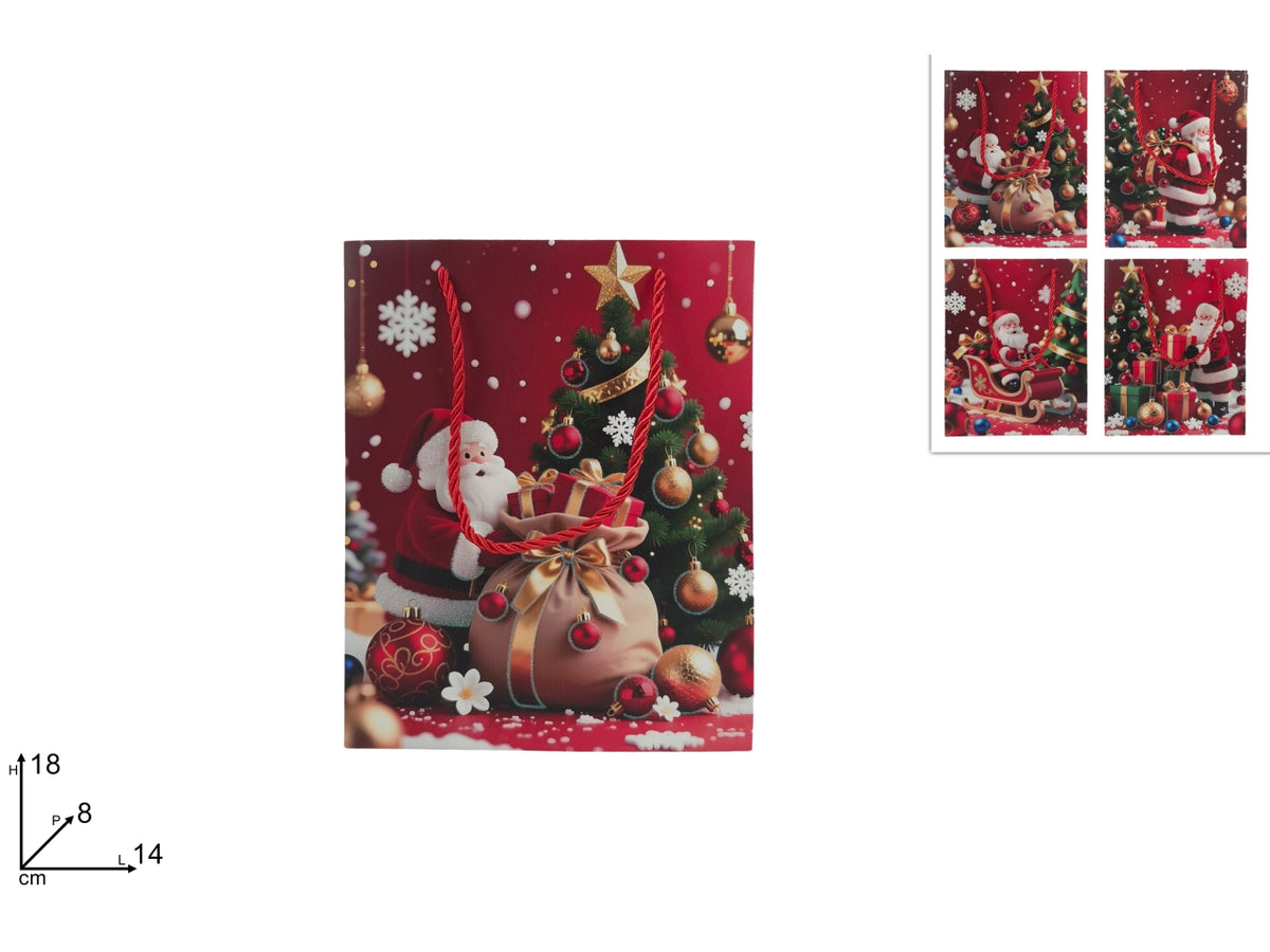 Shopper regalo 18x14x8cm con Babbo Natale glitterato, 4 assortimenti