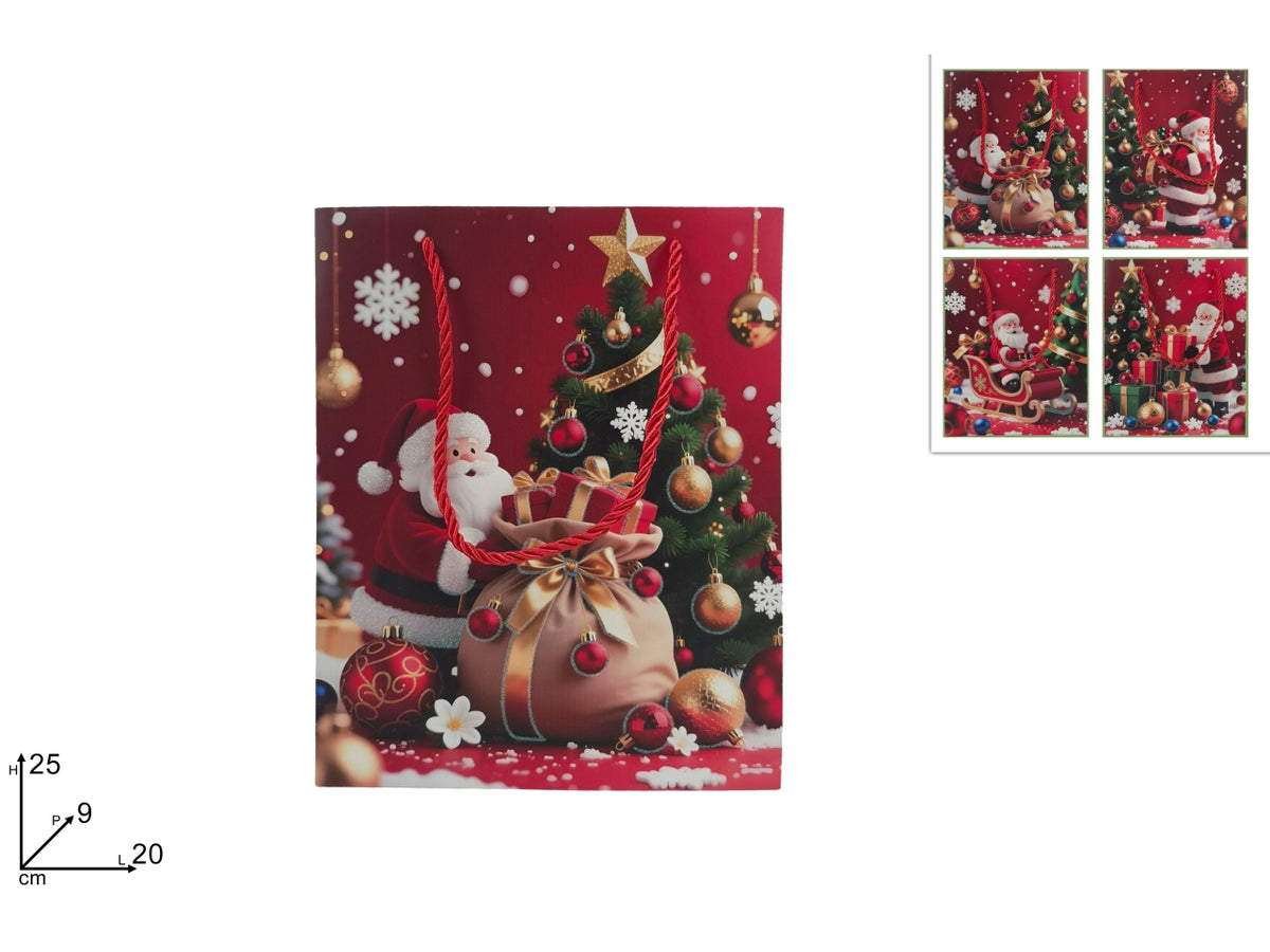 Shopper regalo 25x20x9cm con Babbo Natale glitterato, 4 assortimenti