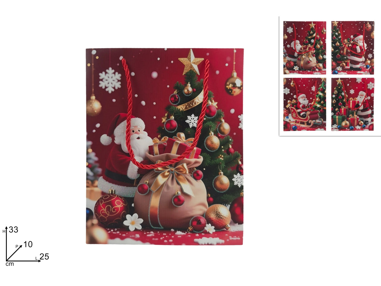 Shopper regalo 33x25x10cm con Babbo Natale glitterato, 4 assortimenti