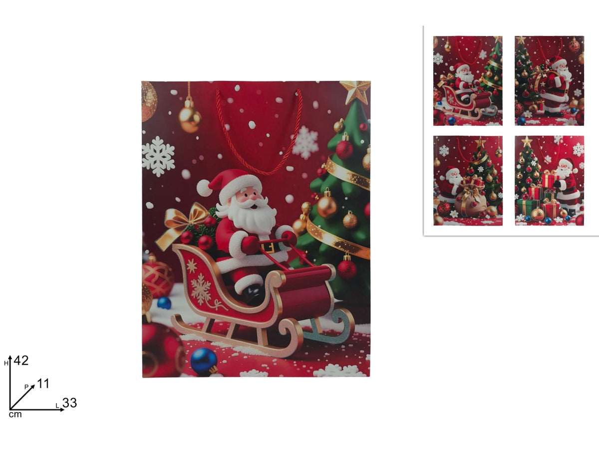 Shopper regalo 42x33x11cm con Babbo Natale glitterato, 4 assortimenti