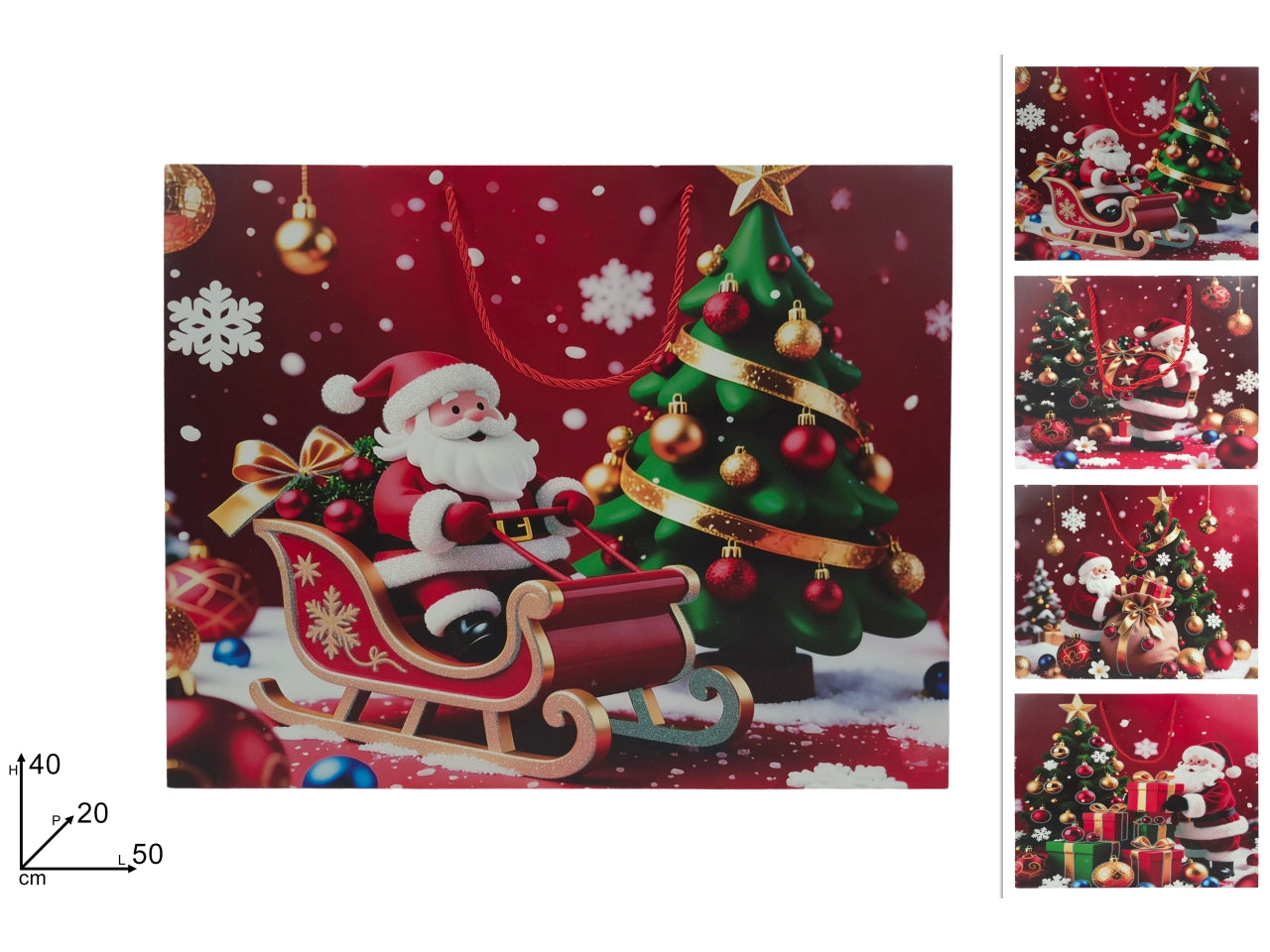Shopper regalo orizzontale 50x40x20cm con Babbo Natale glitterato, 4 assortimenti