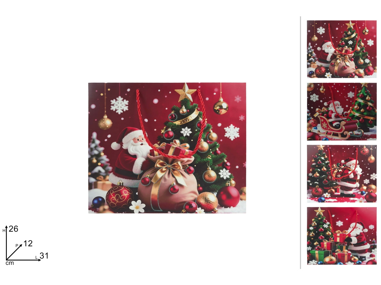 Shopper regalo orizzontale 31x26x12cm con Babbo Natale glitterato, 4 assortimenti