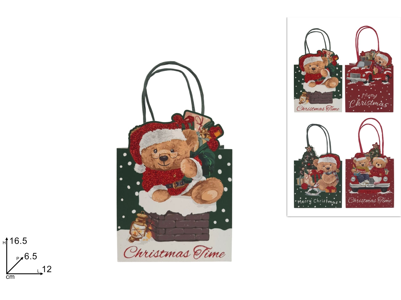 Shopper regalo 16,5x12x6,5cm con orsetto a rilievo glitterato, 4 assortimenti