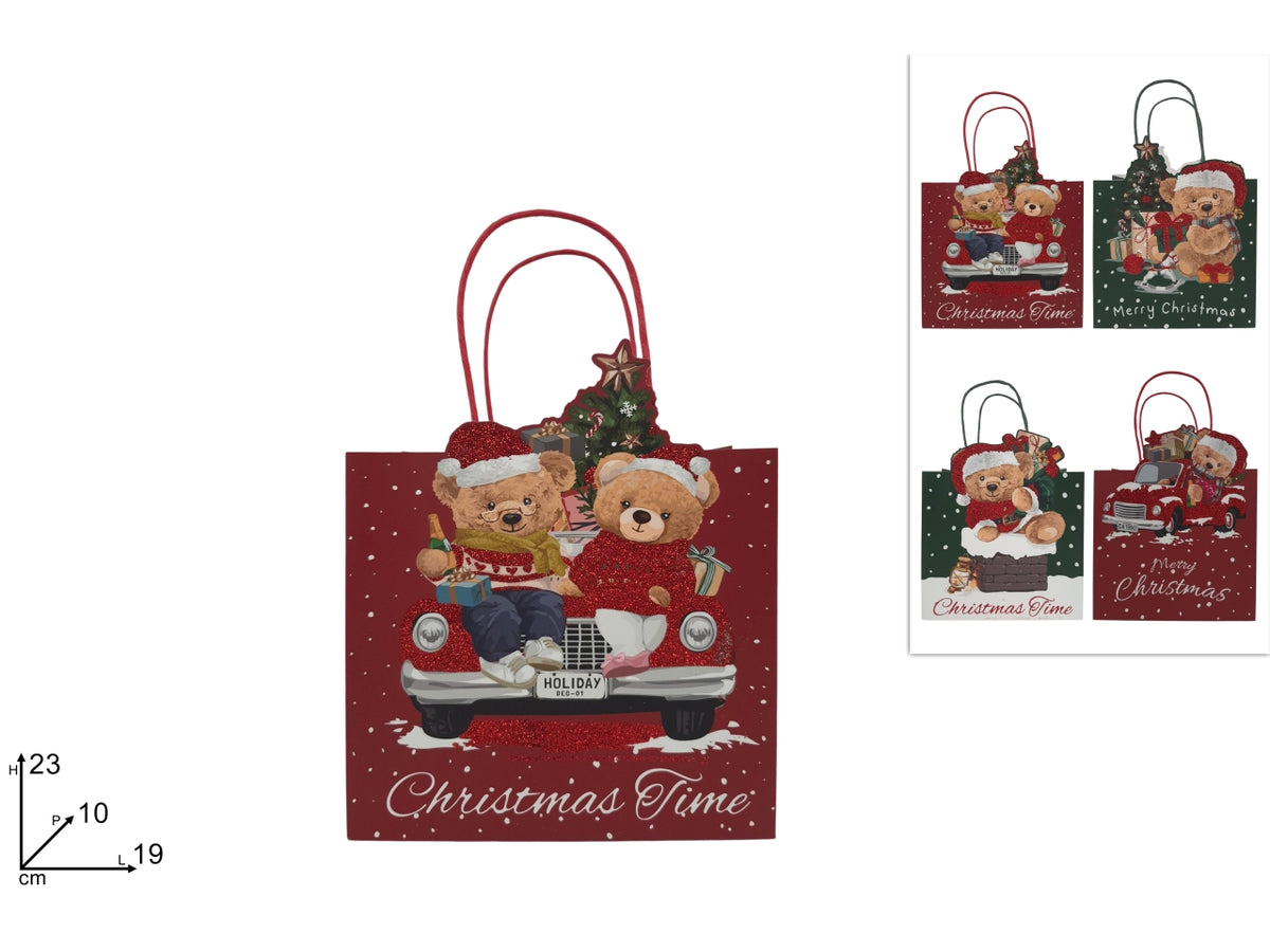 Shopper regalo 23x19x10cm con orsetto a rilievo glitterato, 4 assortimenti