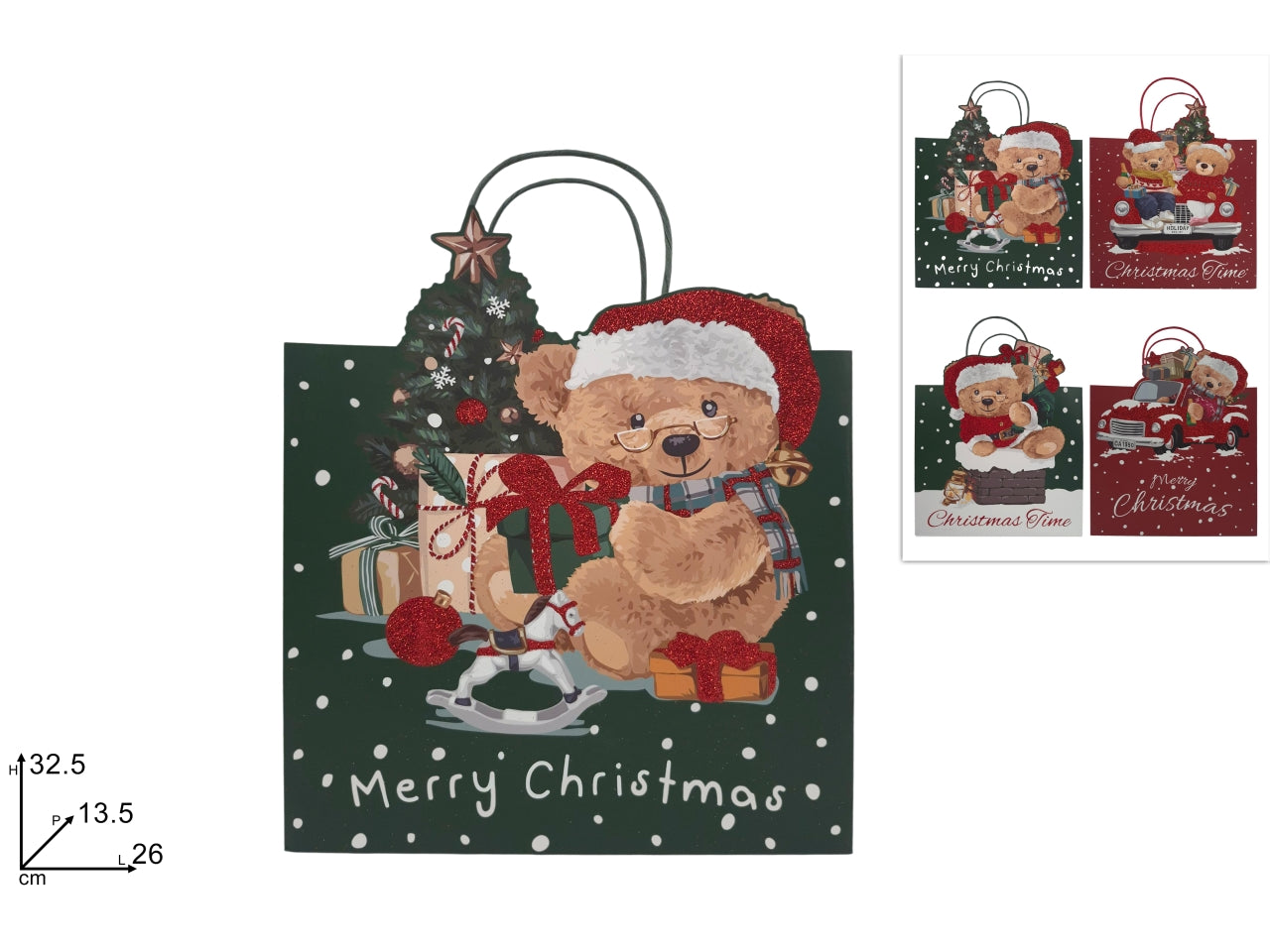 Shopper regalo 32,5x26x13,5cm con orsetto a rilievo glitterato, 4 assortimenti