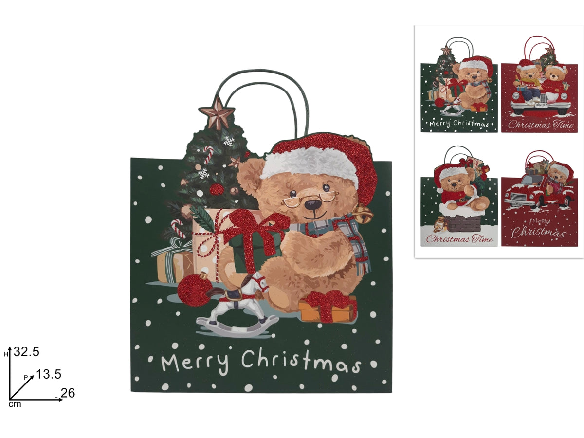 Shopper regalo 32,5x26x13,5cm con orsetto a rilievo glitterato, 4 assortimenti
