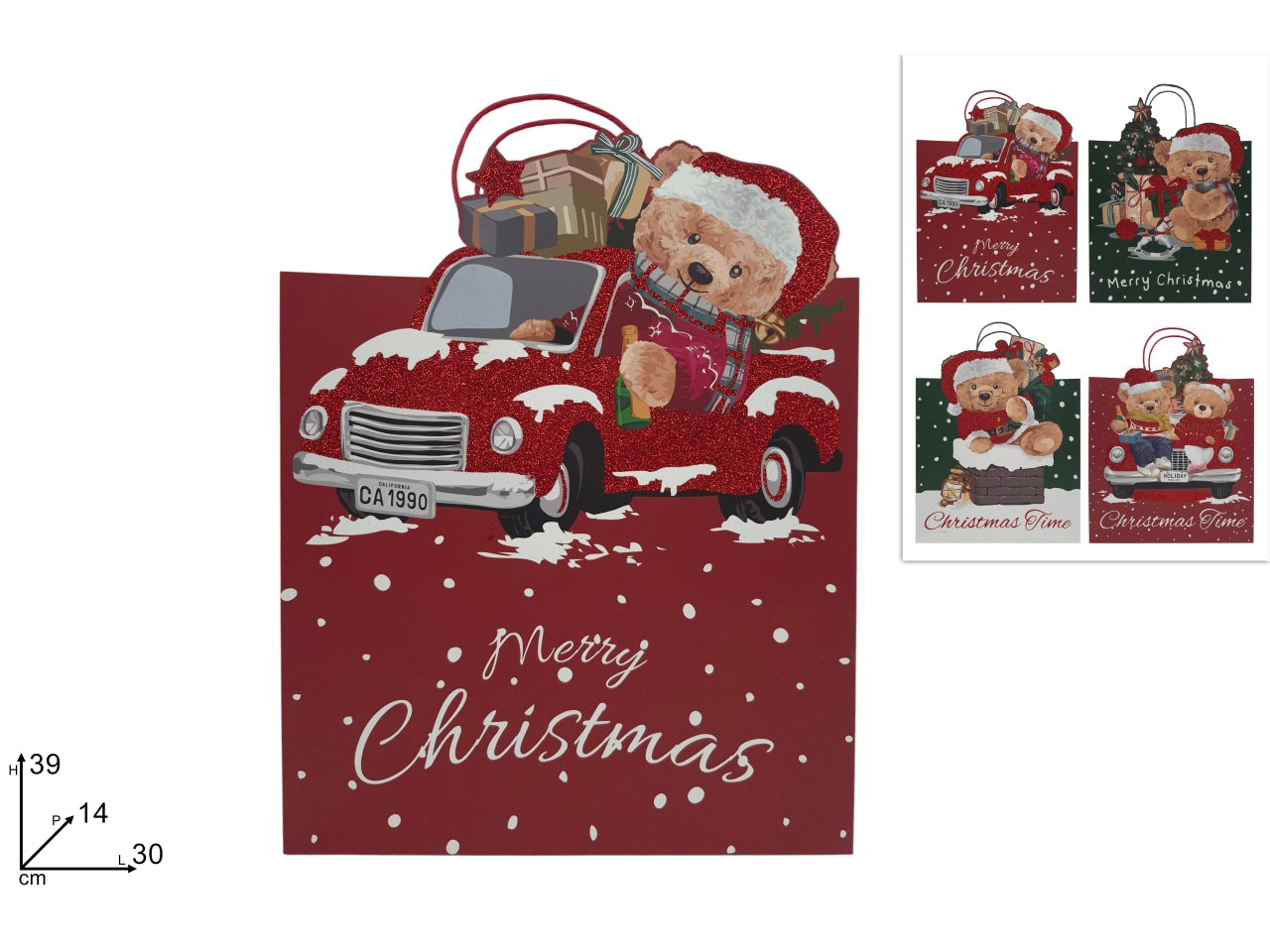 Shopper regalo 39x30x14cm con orsetto a rilievo glitterato, 4 assortimenti