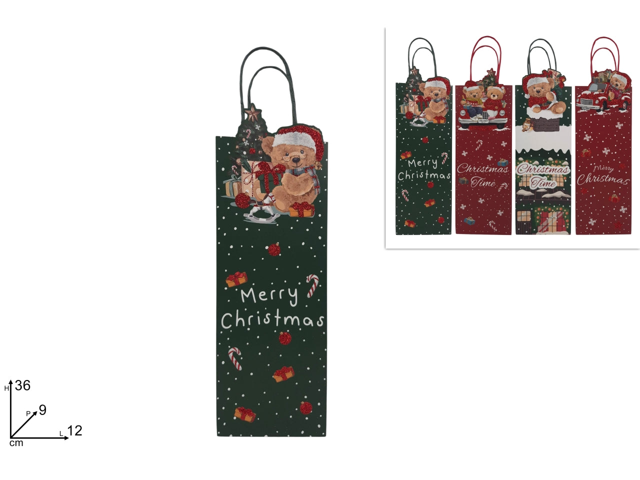 Shopper regalo 36x12x9cm con orsetto a rilievo glitterato, 4 assortimenti