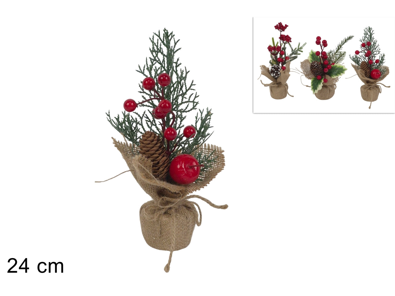 Pianta decorativa natalizia da 24cm con bacche e pigne, 3 assortimenti