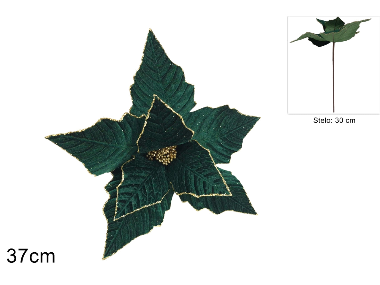 Ramo fiore da 37cm in effetto velluto verde con glitter