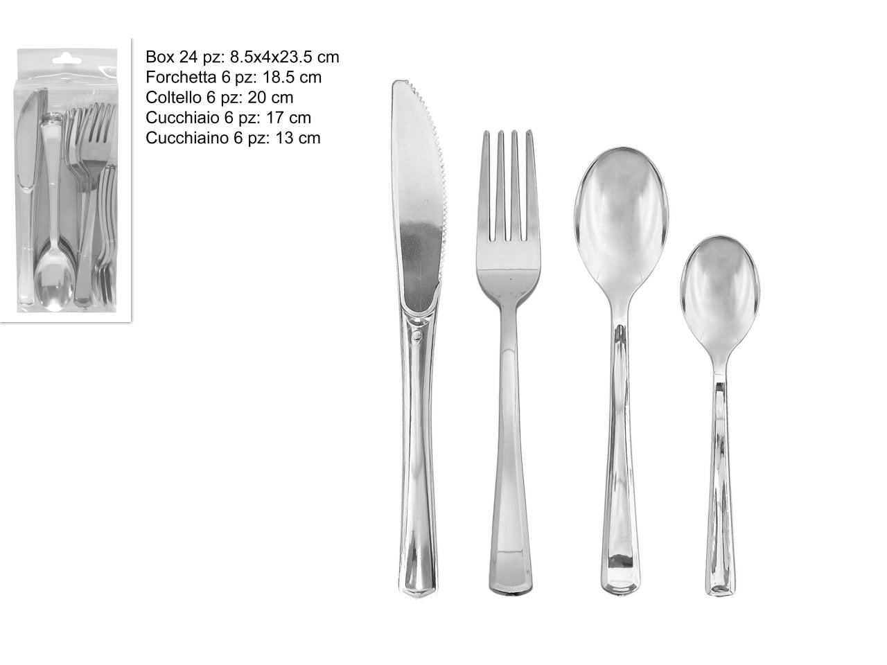 Set di posate in plastica argento da 24 pezzi