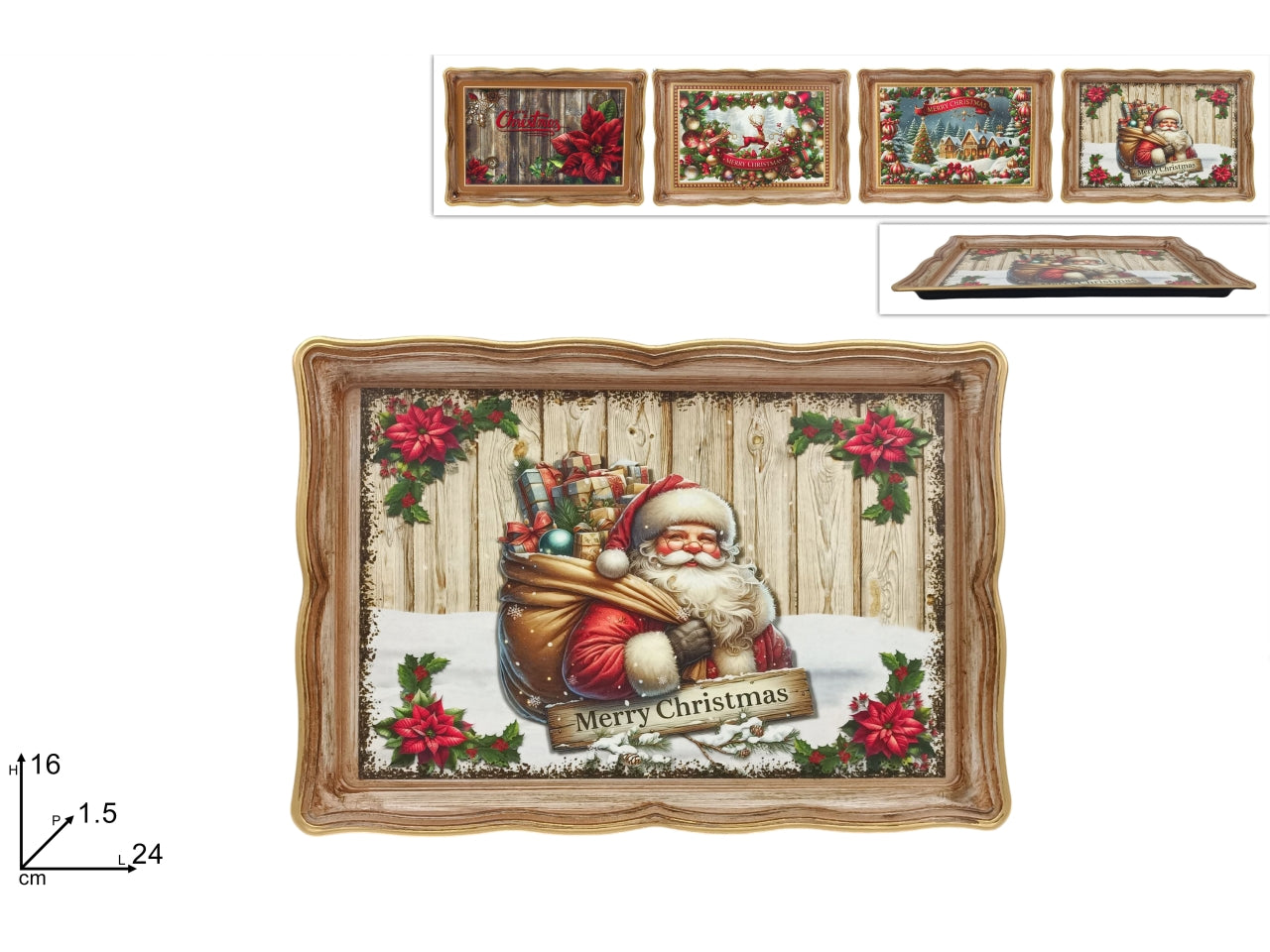 Vassoio natalizio in plastica 24x16cm con effetto legno, decori assortiti
