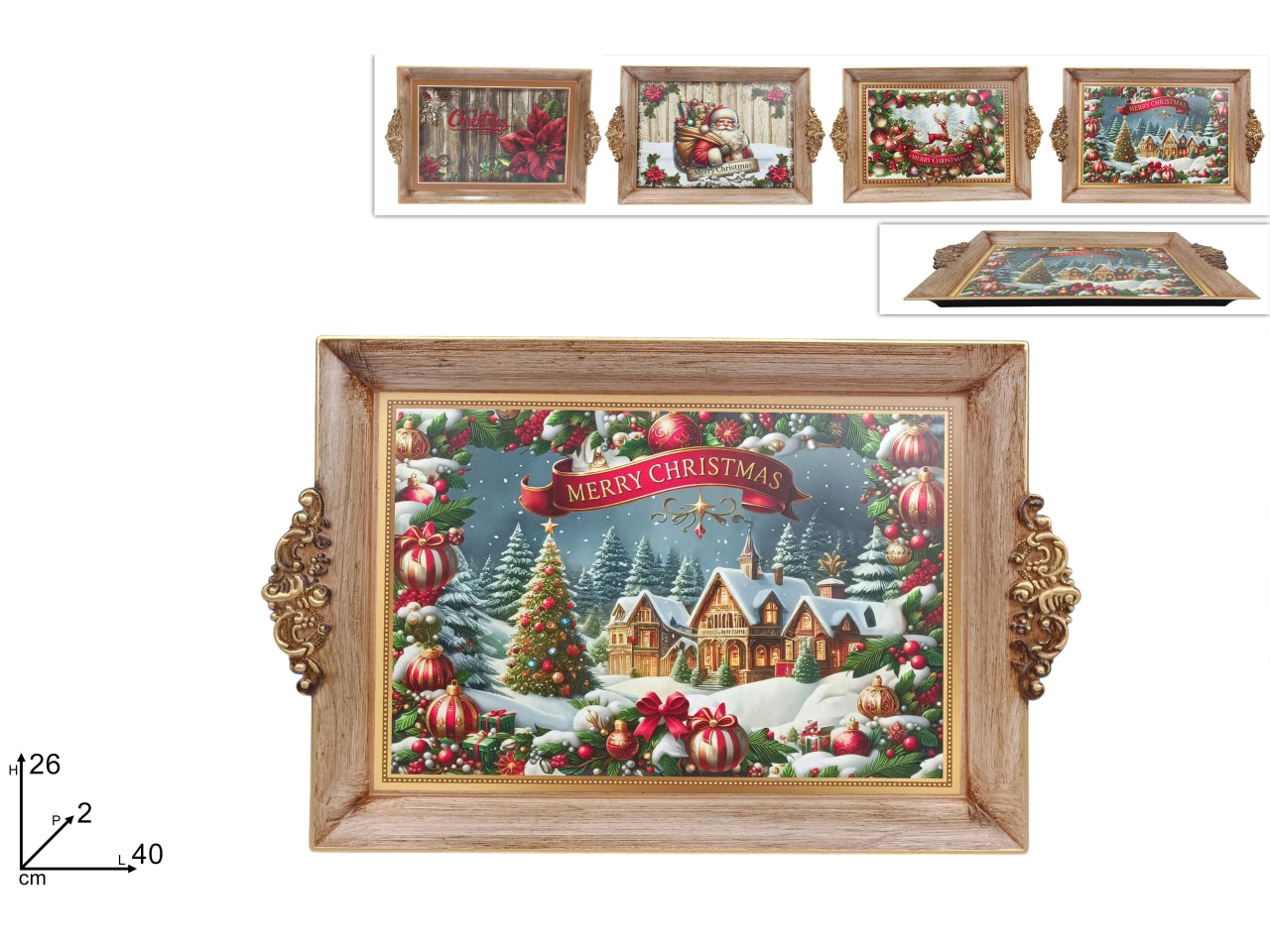 Vassoio natalizio in plastica 40x26cm con effetto legno, decori assortiti