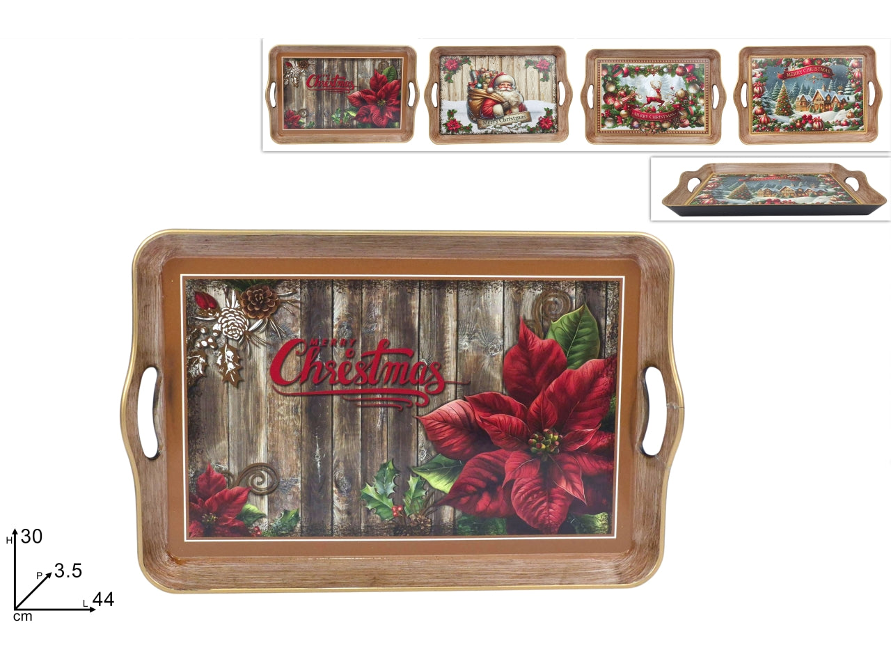 Vassoio natalizio in plastica 44x30cm con effetto legno, decori assortiti