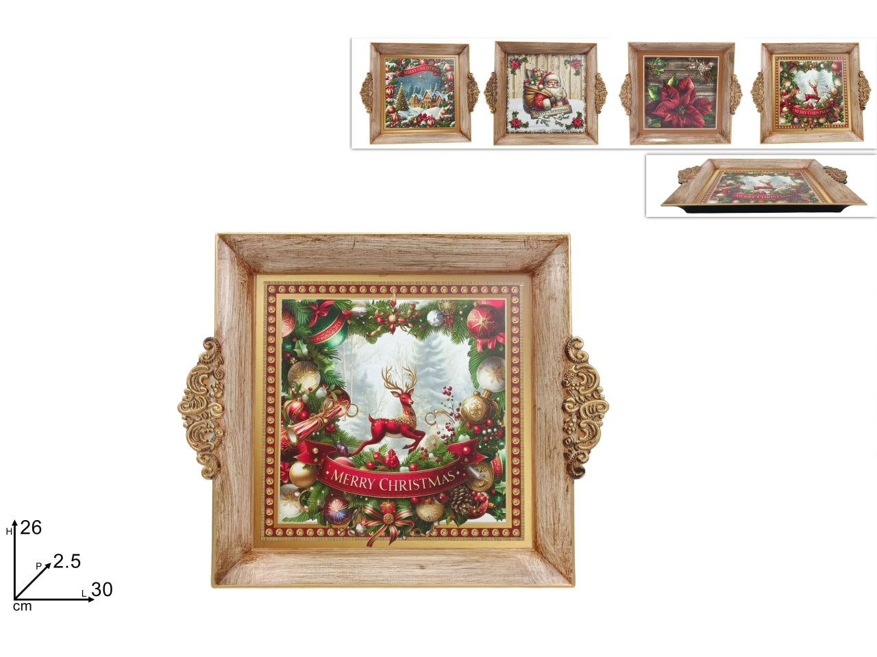Vassoio natalizio in plastica 30x26cm con effetto legno, decori assortiti