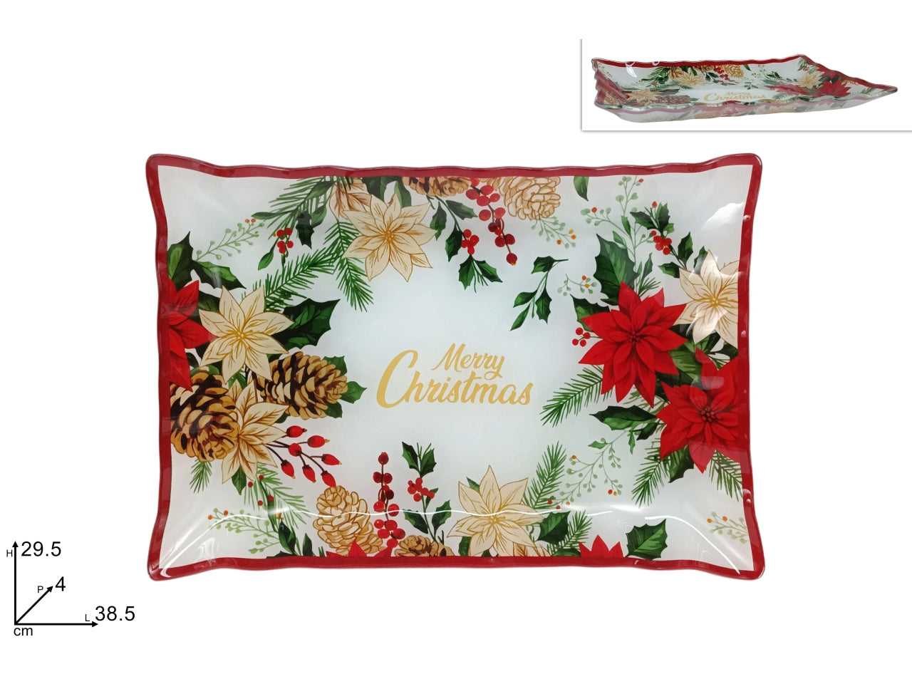 Piatto rettangolare in vetro 38,5x29,5cm con decoro Merry Christmas