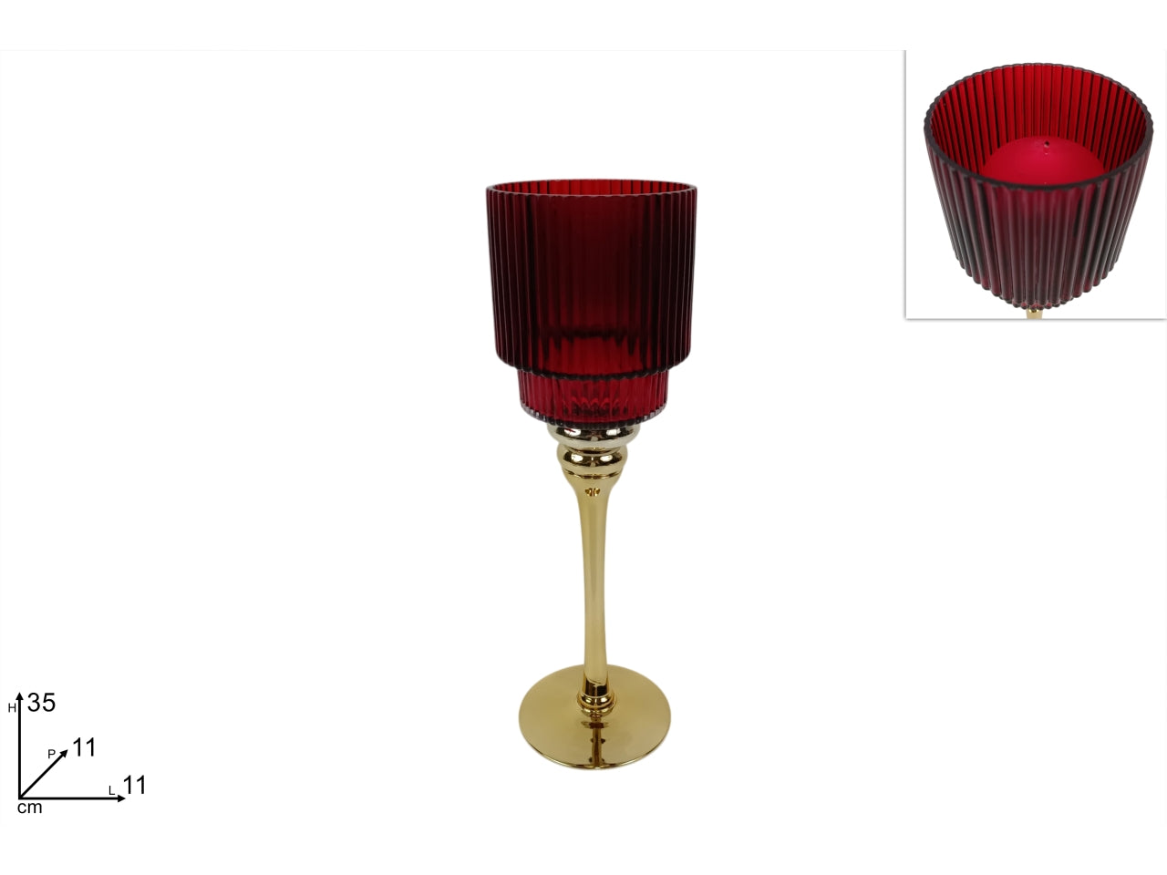 Portacandela a calice in vetro da 35cm, colore rosso