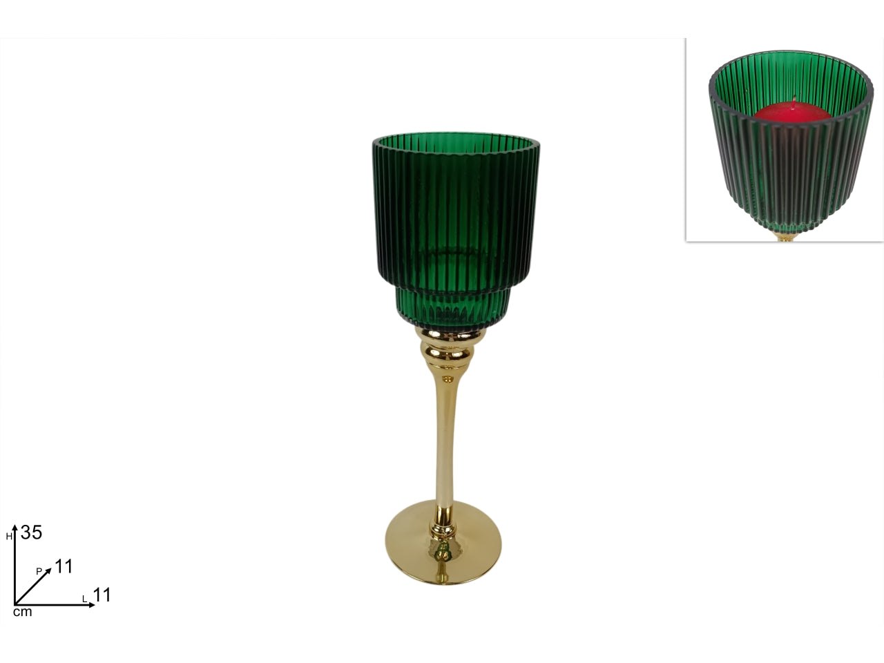 Portacandela a calice in vetro da 35cm, colore verde