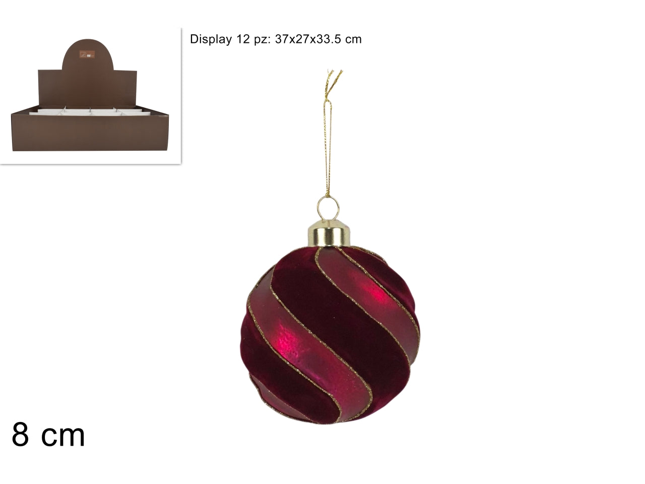Palla vetro 8 cm in velluto\opaco bordeaux c\glitter in display