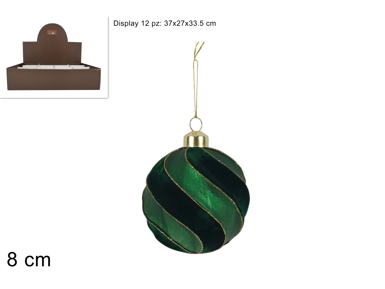 Palla vetro 8 cm in velluto\opaco verde c\glitter in display