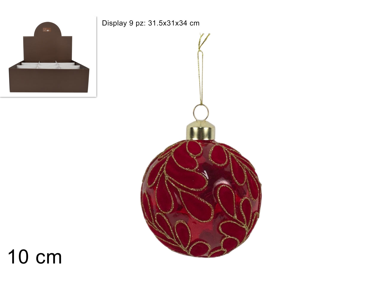 Palla vetro 10 cm fantasie foglie in velluto rosso c\glitter in display