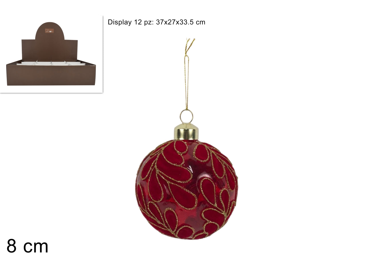 Palla vetro 8 cm fantasie foglie in velluto rosso c\glitter in display