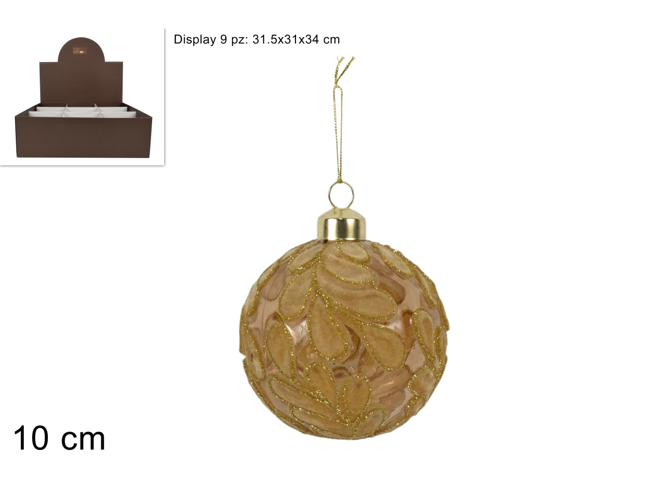 Palla vetro 10 cm fantasie foglie in velluto oro c\glitter in display