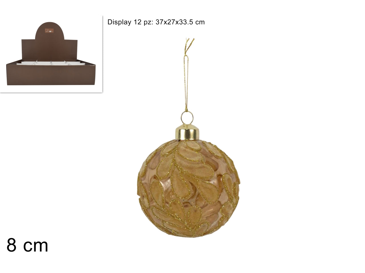 Palla vetro 8 cm fantasie foglie in velluto oro c\glitter in display