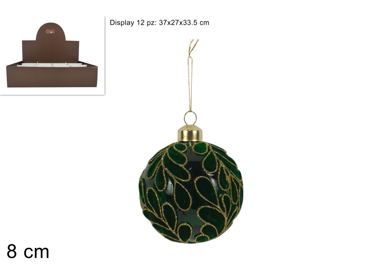 Palla vetro 8 cm fantasie foglie in velluto verde c\glitter in display