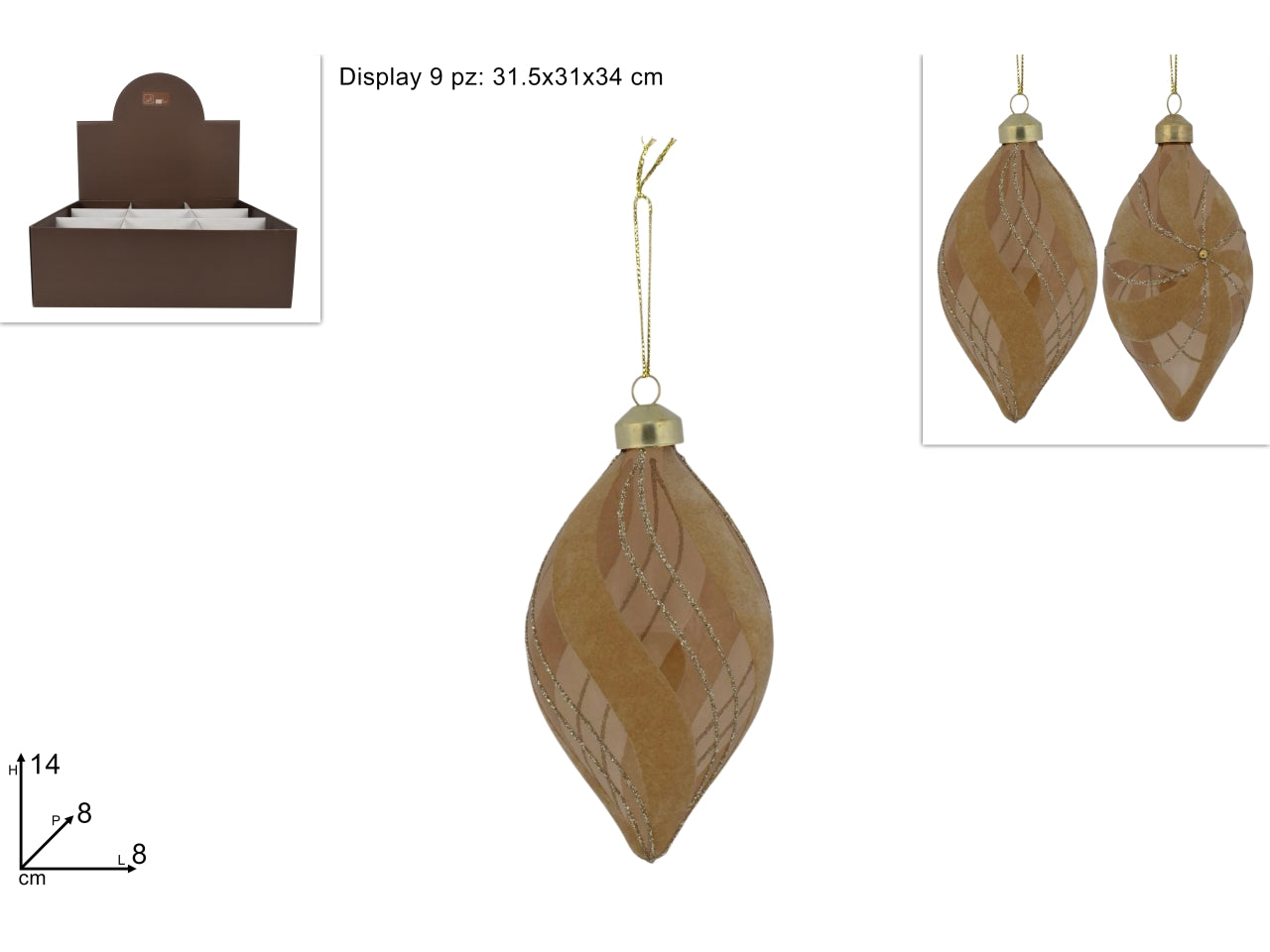 Palla vetro pendente 14 cm in velluto oro c\glitter 2 ass in display