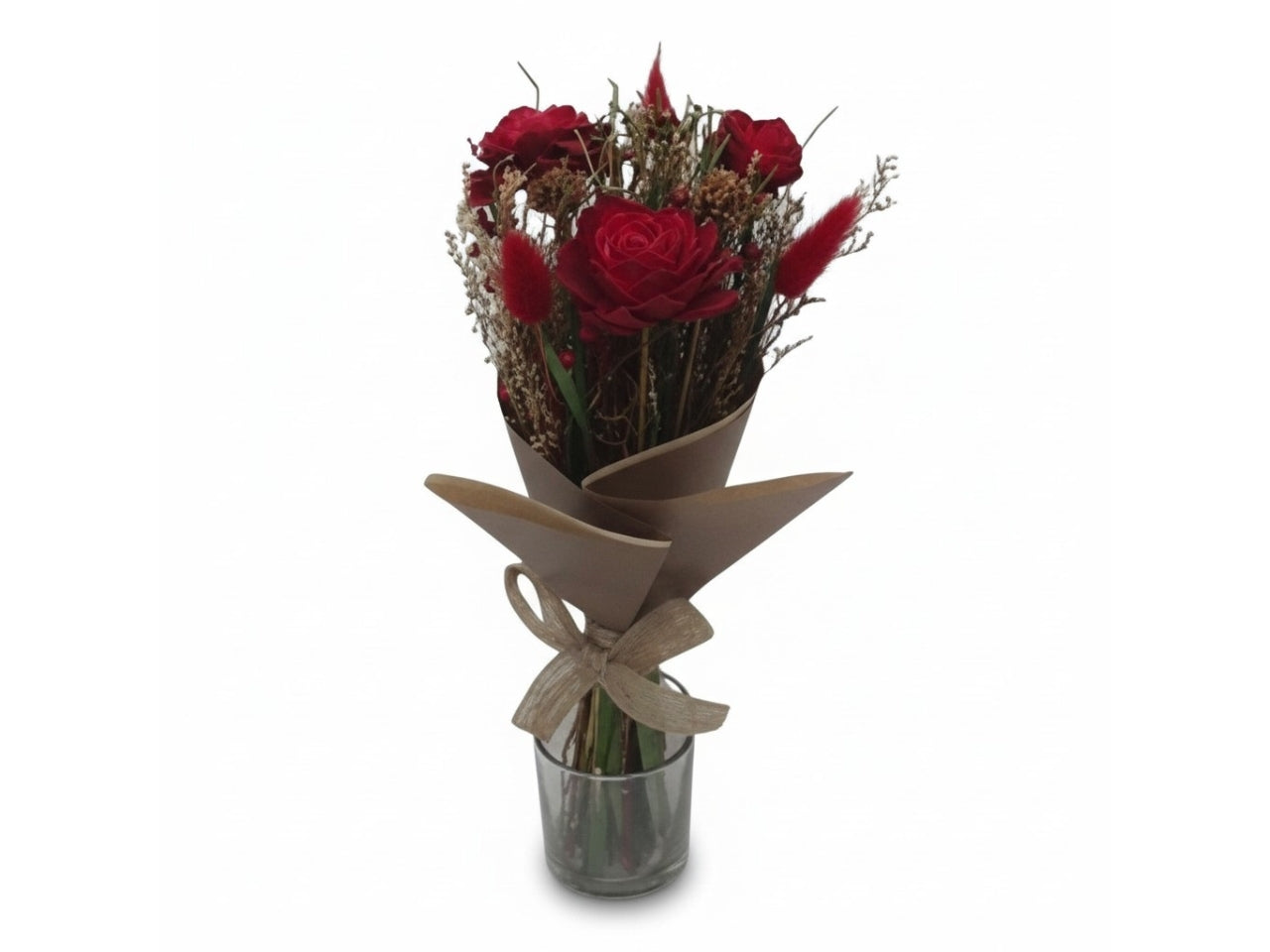 Composizione di fiori secchi rossi d.15xh.35cm