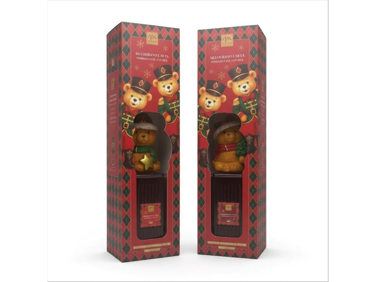 Diffusore di fragranza bottiglia Clara melograno e seta 500ml con tappo teddy e bacchette in fibra