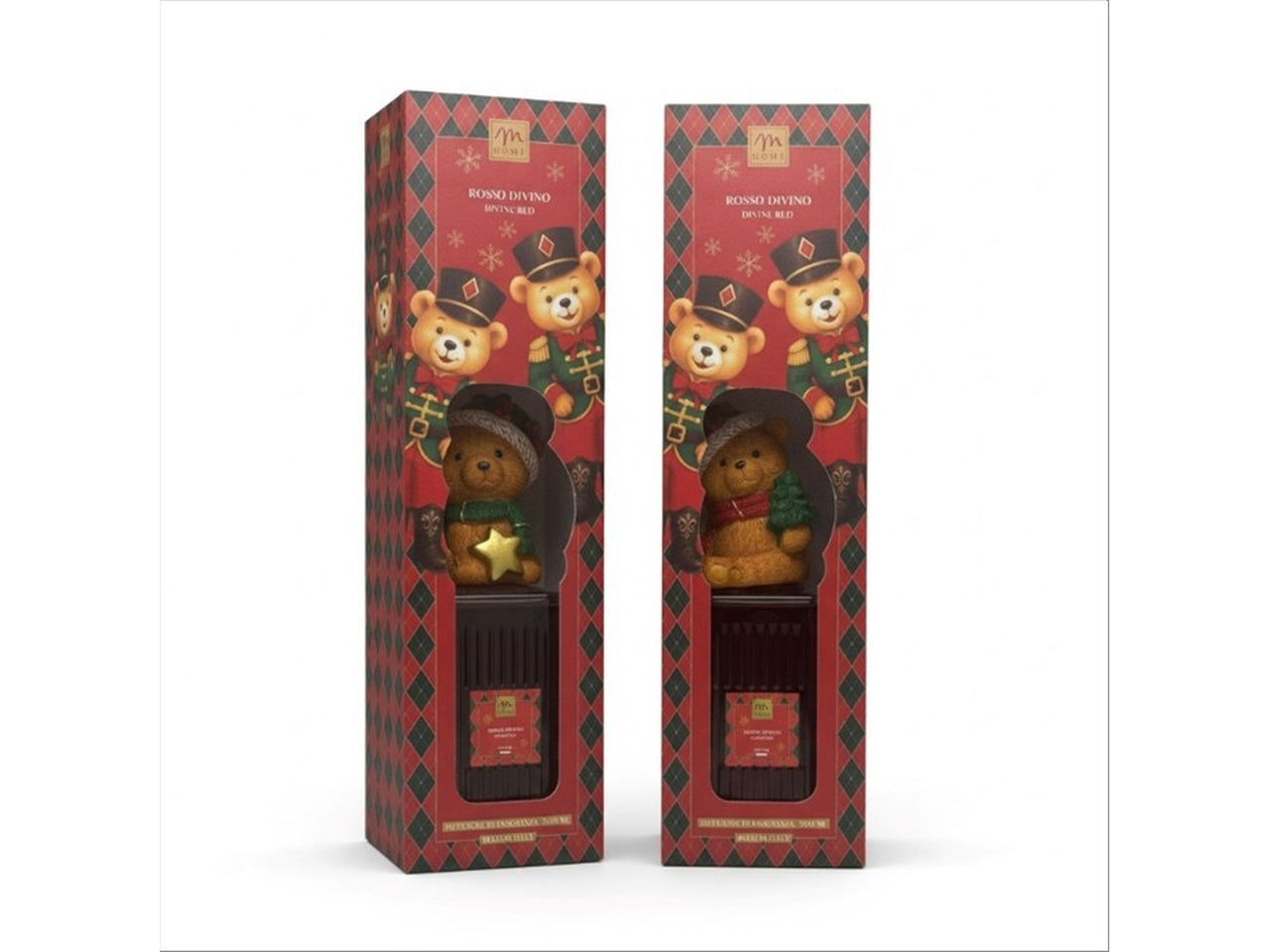 Diffusore di fragranza bottiglia Clara rosso di vino 500ml con tappo teddy e bacchette in fibra