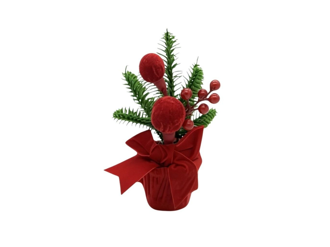 Pianta vellutata rossa in polistirolo con fiocco d.10xh.22cm
