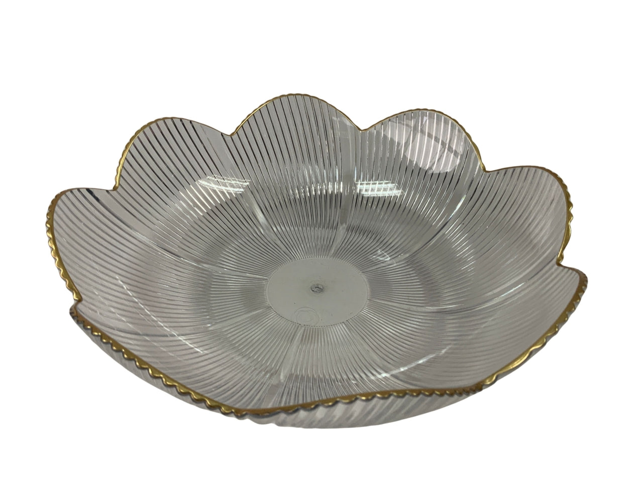 Centrotavola fiore trasparente bordo oro in plastica pet d.24xh.6cm