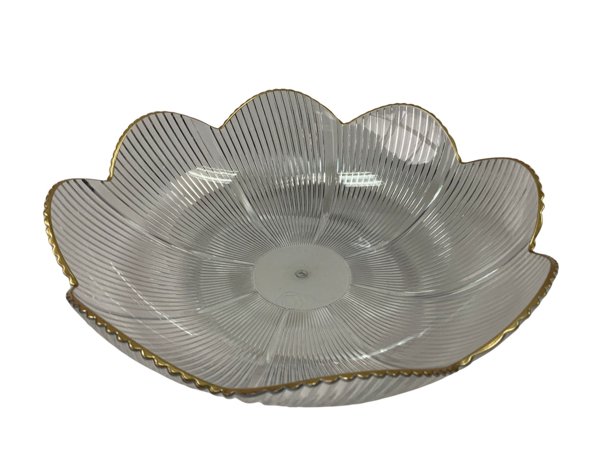 Centrotavola fiore trasparente bordo oro in plastica pet d.24xh.6cm