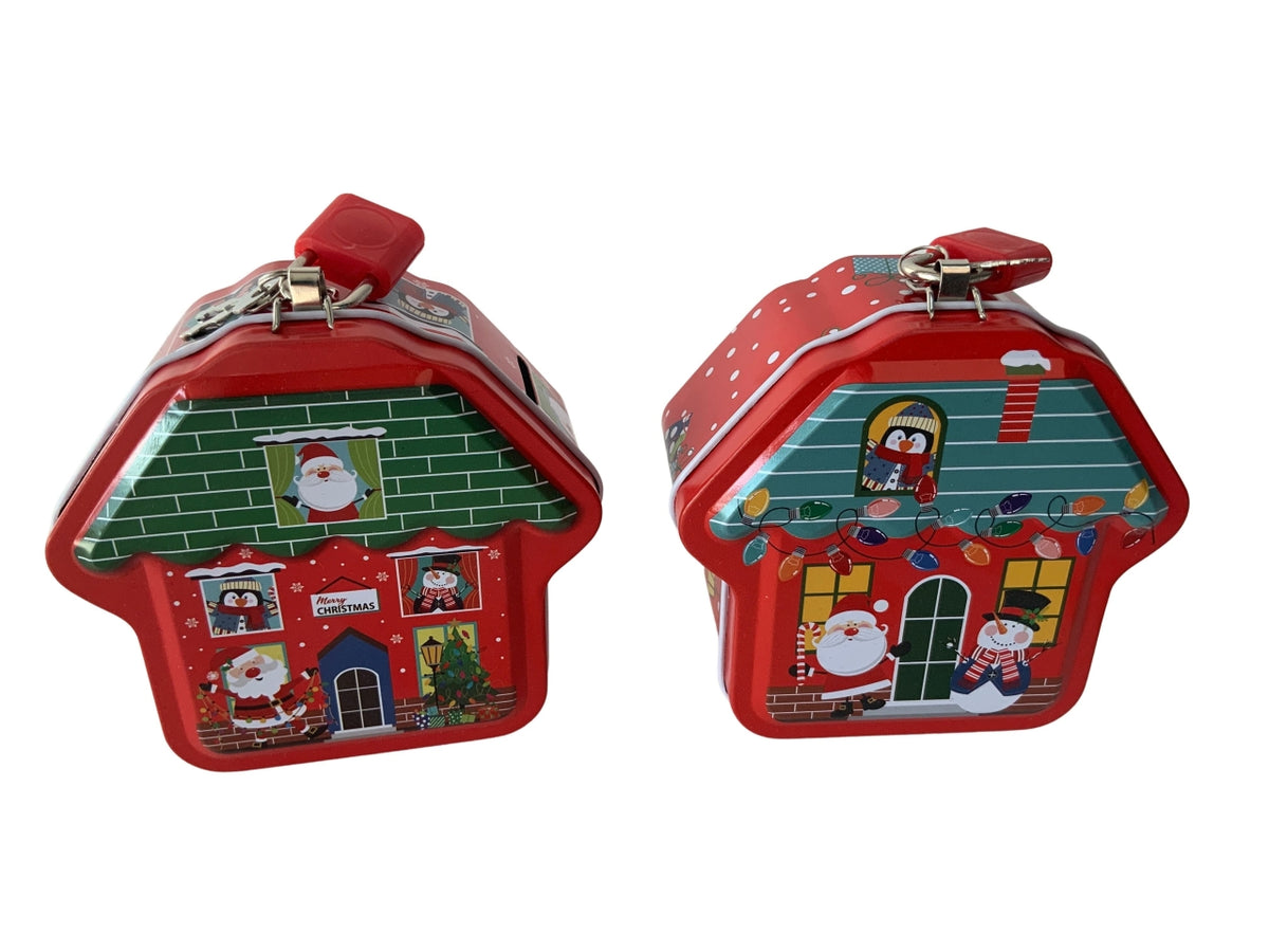 Salvadanaio casetta in latta con lucchetto 10x5xh.9cm design assortiti