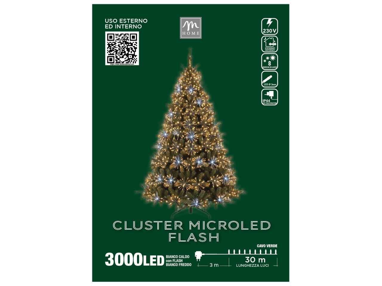 Catena luci Petardo con 3000 microcluster bianco caldo con flash bianco freddo su filo verde 31v 12w l.30mt, uso interno/esterno