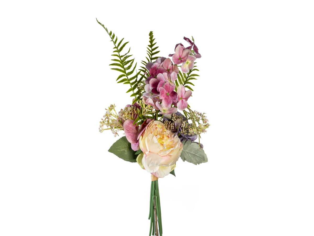 Bouquet primaverile con peonia, ortensia e orchidea rosa crema