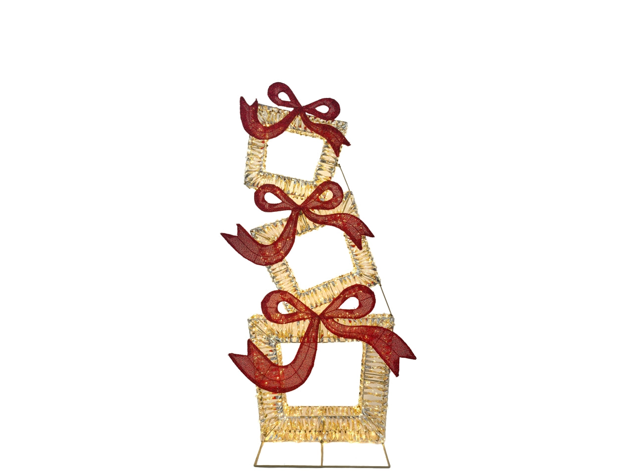 Maxi composizione natalizia da interno con 3 pacchi regalo flat prestige gold e fiocco, 1500 gocce led bianco caldo con flash, 145cm, con trasformatore