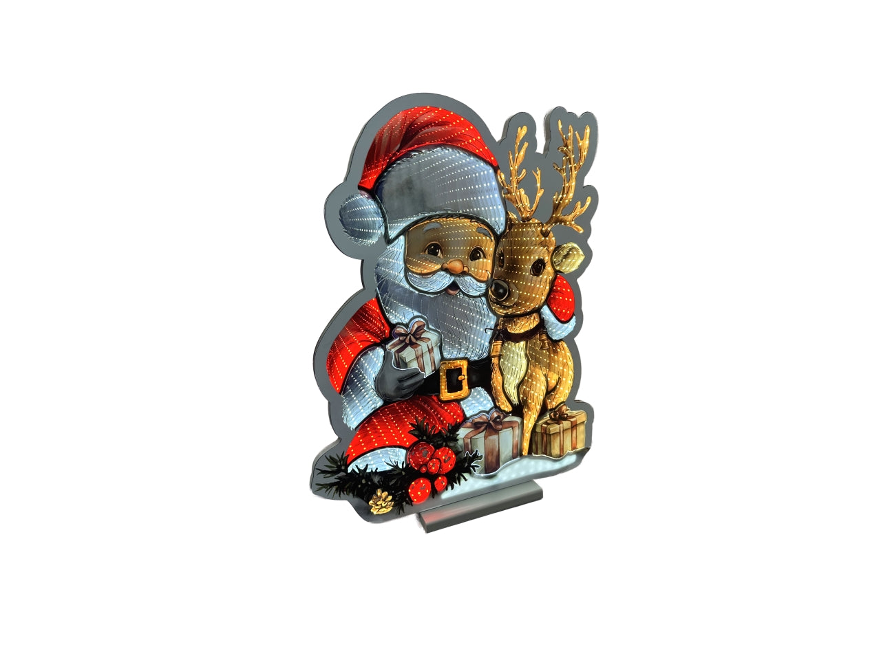 Babbo natale 3D con renna 60cm infinity day and night con luce led multicolor da interno, con trasformatore