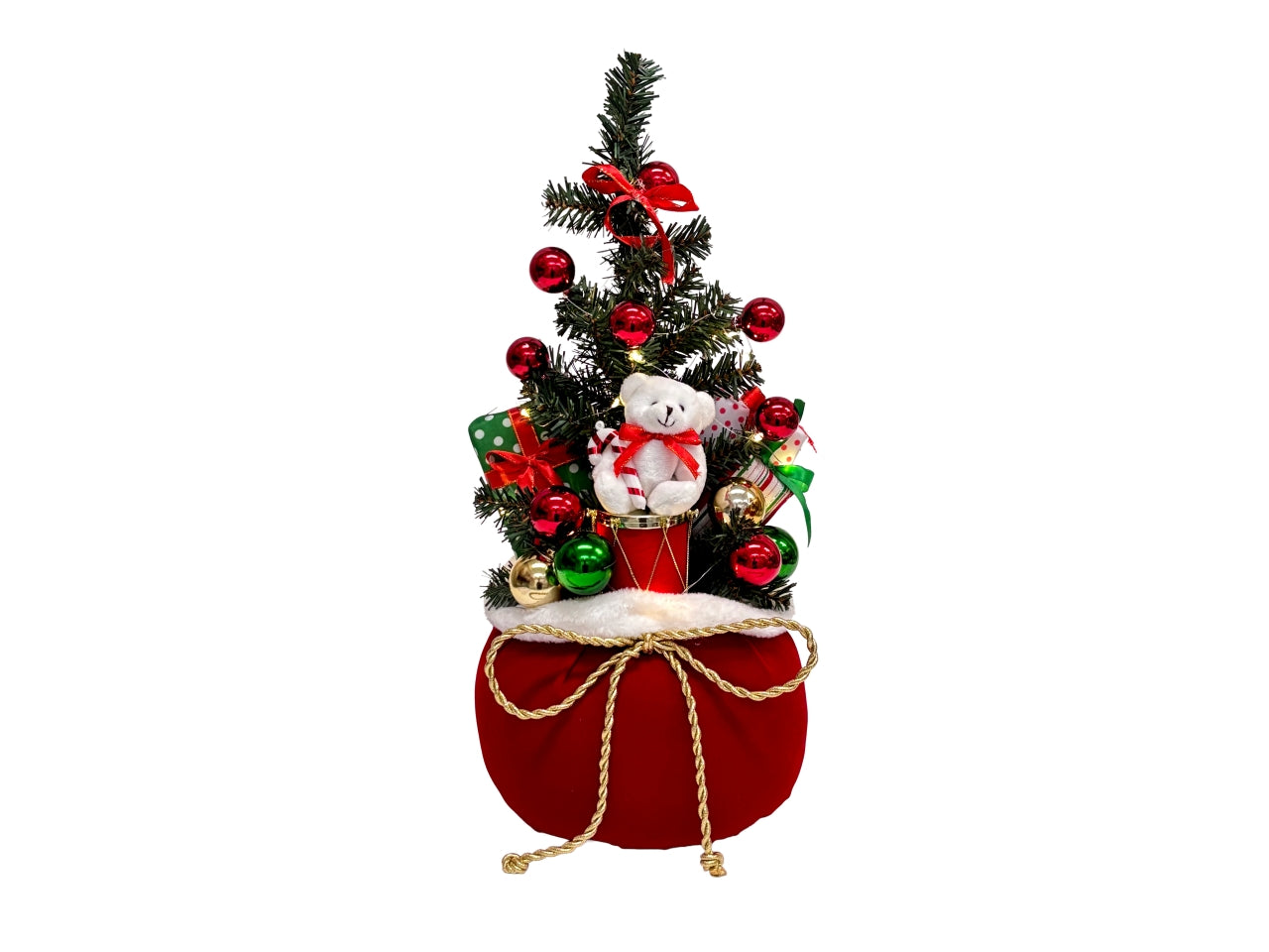 Albero Meraville 40cm in sacco doni con personaggio, luce led a batteria con timer, modelli assortiti