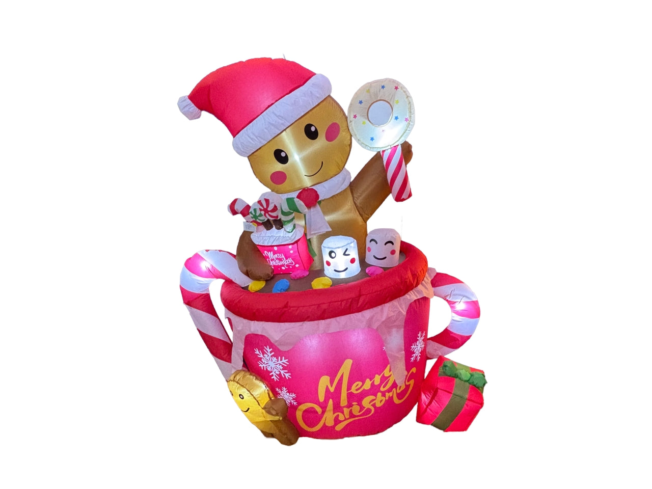 Omino pan di zenzero gonfiabile maxi con tazza 180cm con luce led
