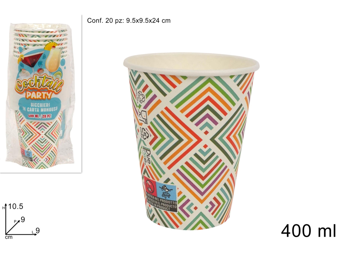 Bicchieri di carta cocktail 400ml set da 20 bicchieri fantasia multicolor