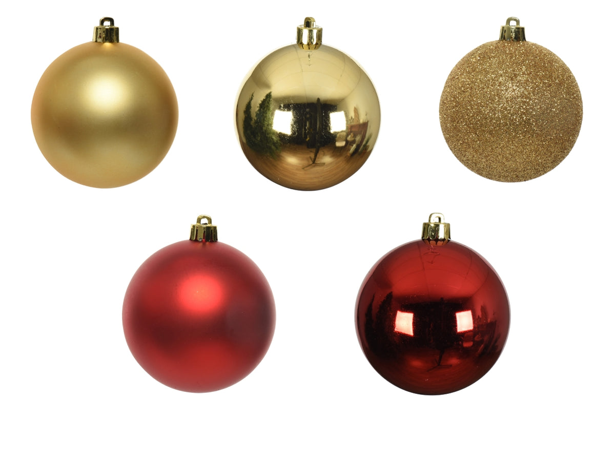 Palla di Natale 6cm in confezione da 30 pezzi oro e rosso lucida, opaco, glitterata