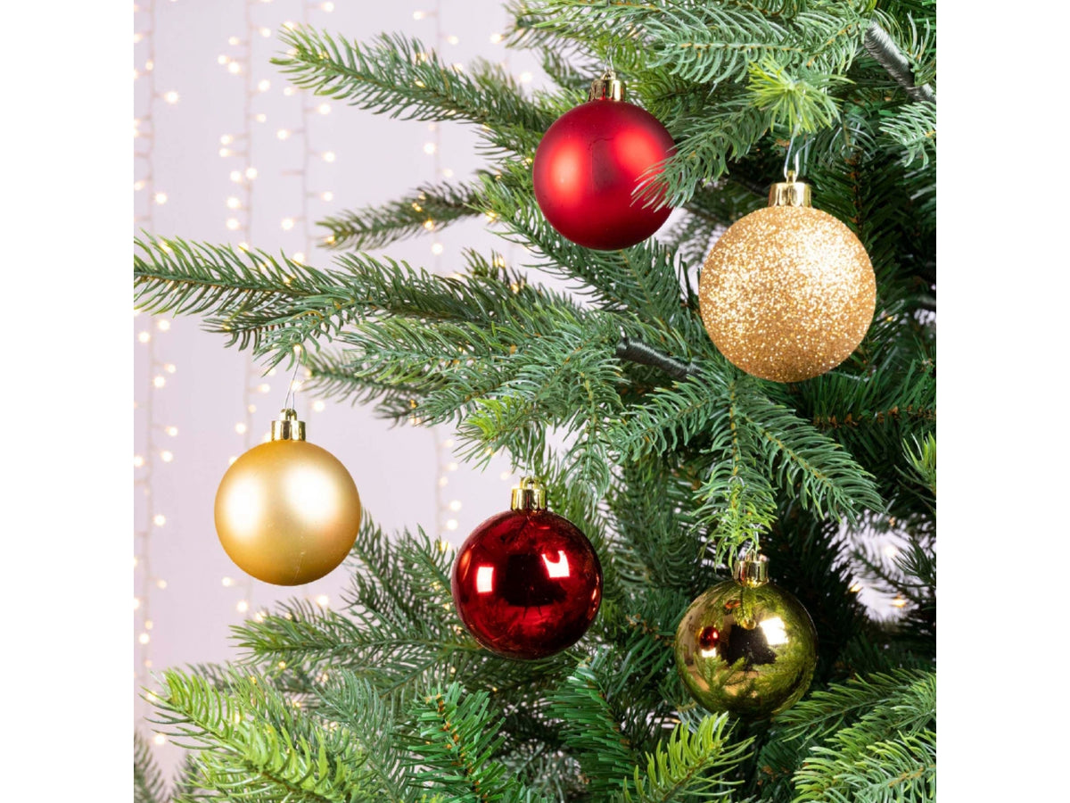 Palla di Natale 6cm in confezione da 30 pezzi oro e rosso lucida, opaco, glitterata