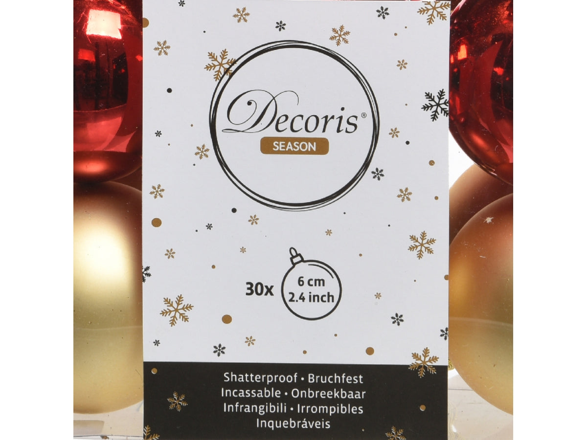 Palla di Natale 6cm in confezione da 30 pezzi oro e rosso lucida, opaco, glitterata