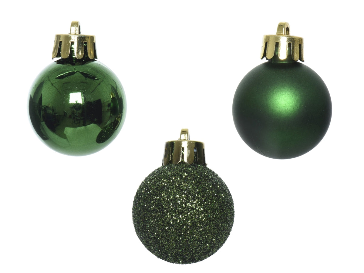 Palla di Natale 3cm in confezione da 14 pezzi verde lucida, opaco, glitterata